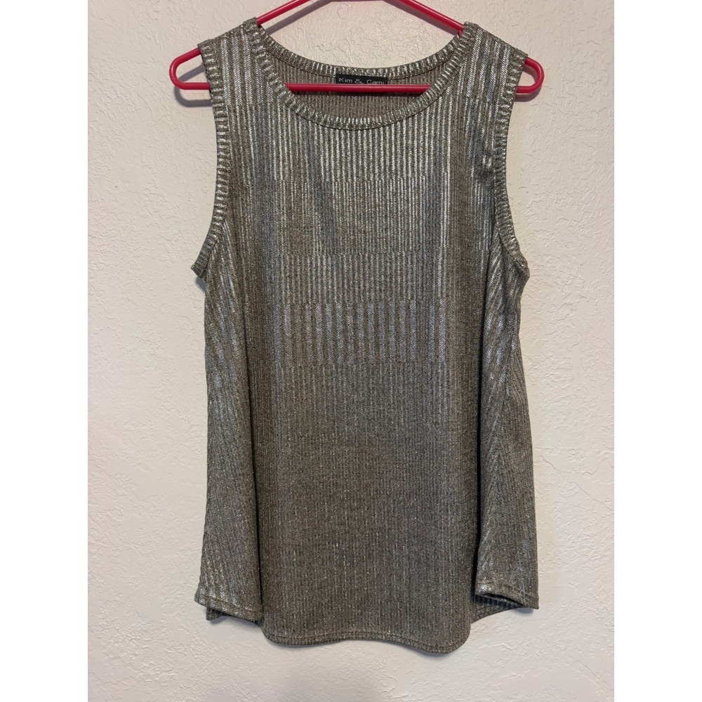 Kim & Cami Womens XL Metallic Silver Ribbed Sleeveless Tank Top A1068-K073-MA
